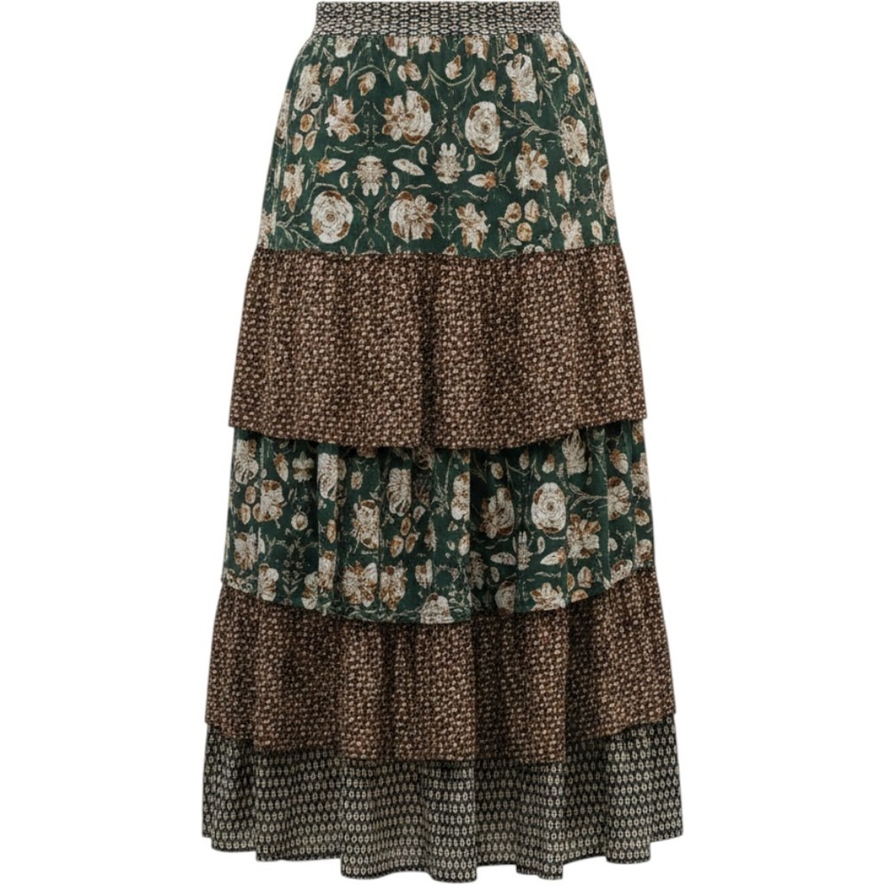 Allison New York Medium Green Floral Mixed Print Tiered Maxi Skirt‎ Boho Western